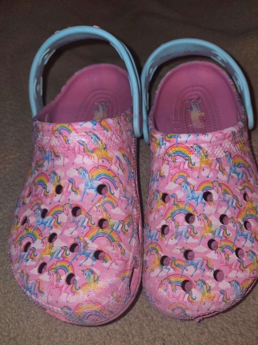 Kids Pink Unicorn & Rainbow Clogs with Blue Heel Strap Crocs Lisa Frank